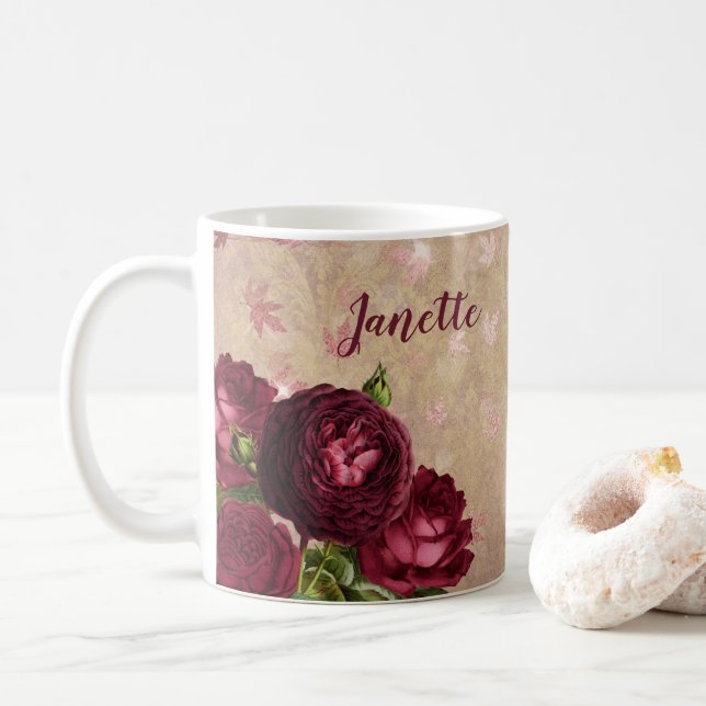 Burgundy Roses Personalised Coffee Mug Cup Rose (With Donut)