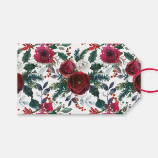 Burgundy Roses, Pine, Holly Christmas Floral Gift Tags