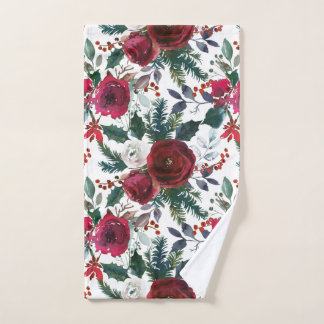 Burgundy Roses, Pine, Holly Christmas Floral Hand Towel