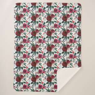 Burgundy Roses, Pine, Holly Christmas Floral Sherpa Blanket