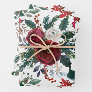 Burgundy Roses, Pine, Holly Christmas Floral Wrapping Paper Sheet