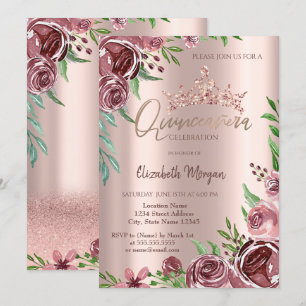 Burgundy Roses,Rose Gold Crown Quinceañera  Invitation