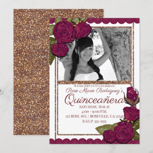 Burgundy Roses Rose Gold Glitter Quinceañera Party Invitation