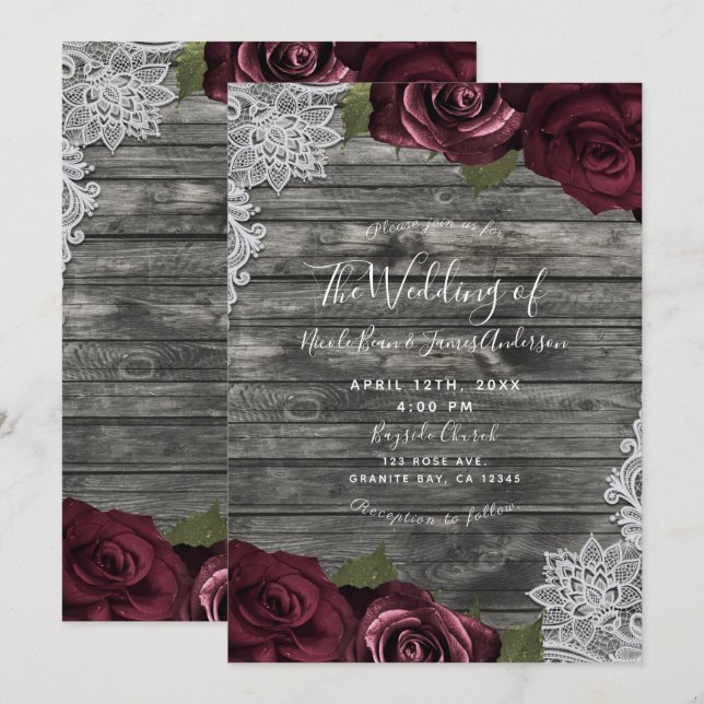 Burgundy Roses Rustic Grey Wood Lace Wedding  Invitation (Front/Back)
