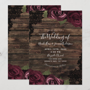 Burgundy Roses Rustic Wood Black Lace Wedding  Invitation