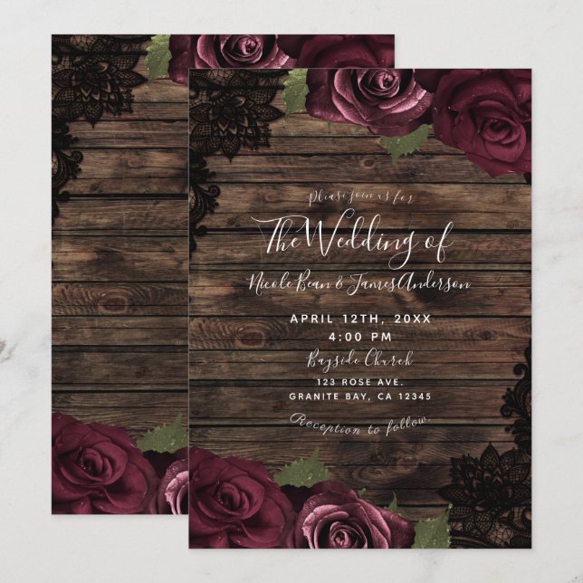 Burgundy Roses Rustic Wood Black Lace Wedding  Invitation (Front/Back)