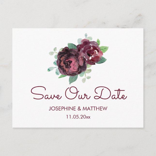 Burgundy Roses Save the Date Announcement Postcard (Front)