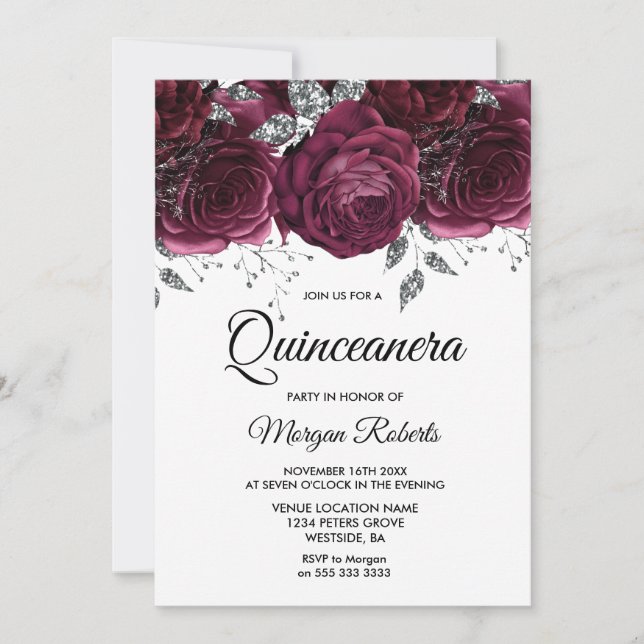 Burgundy Roses Silver Floral Quinceanera Party Invitation (Front)