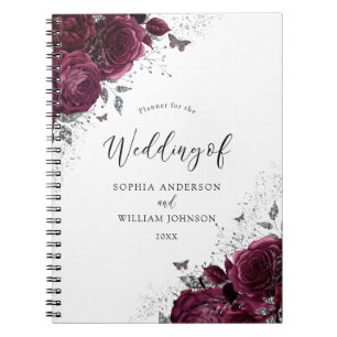 Burgundy Roses Silver Wedding Planner Notebook