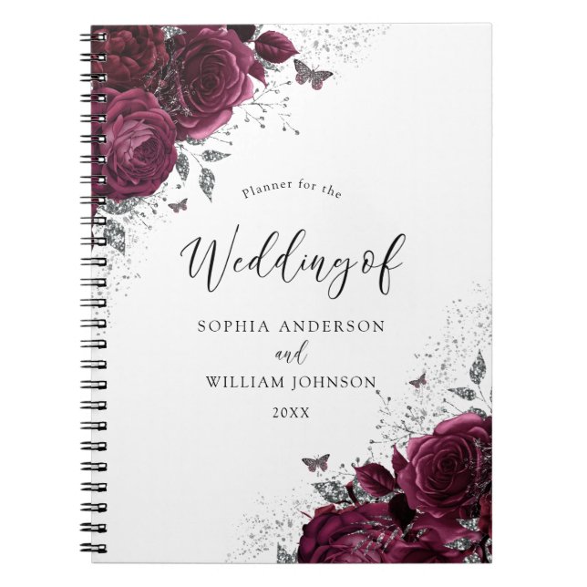 Burgundy Roses Silver Wedding Planner Notebook (Front)