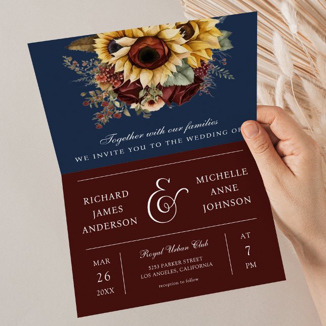 Burgundy Roses Sunflower Navy Blue QR Code Wedding Invitation (Creator Uploaded)