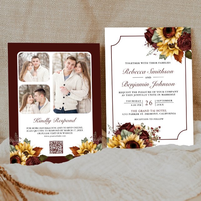 Burgundy Roses Sunflowers Photo QR Code Wedding Invitation (Creator Uploaded)