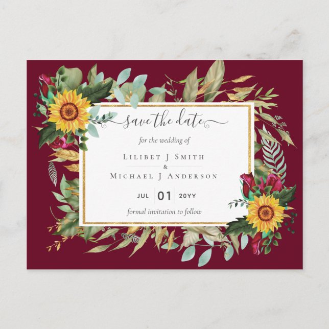 Burgundy Roses Sunflowers Save Change The Date Postcard (Front)