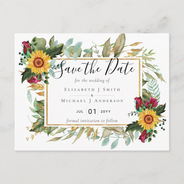 Burgundy Roses Sunflowers Save Change The Date Postcard (Front)