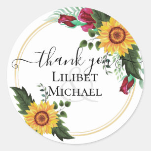 Burgundy Roses Sunflowers Thank You Favour Gift Classic Round Sticker