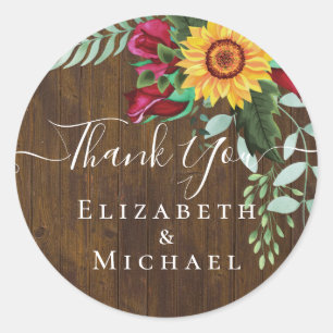 Burgundy Roses Sunflowers Thank You Favour Gift Classic Round Sticker