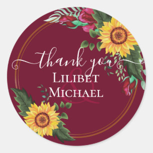 Burgundy Roses Sunflowers Thank You Favour Gift Classic Round Sticker