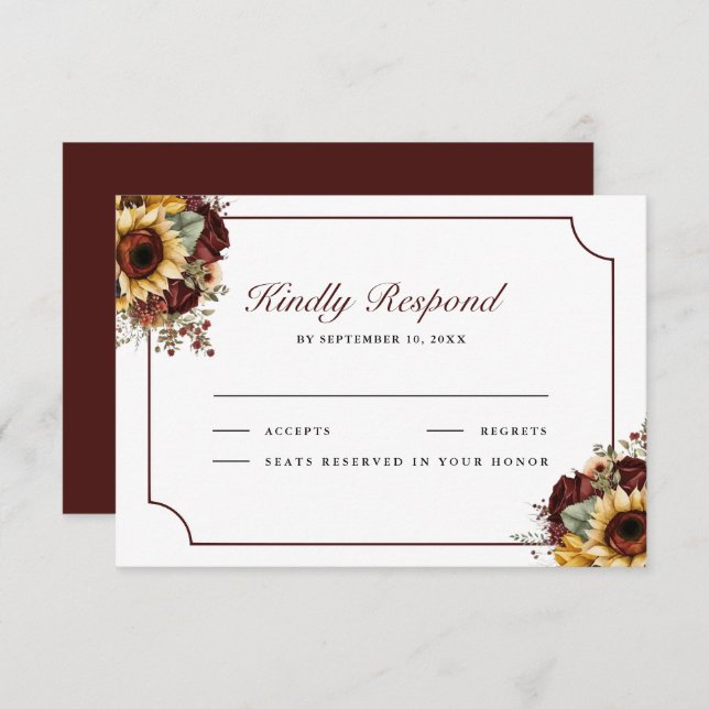 Burgundy Roses Sunflowers Wedding RSVP Card (Front/Back)