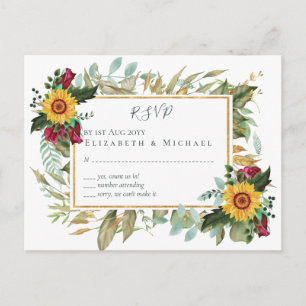 Burgundy Roses Sunflowers Wedding RSVP Postcard