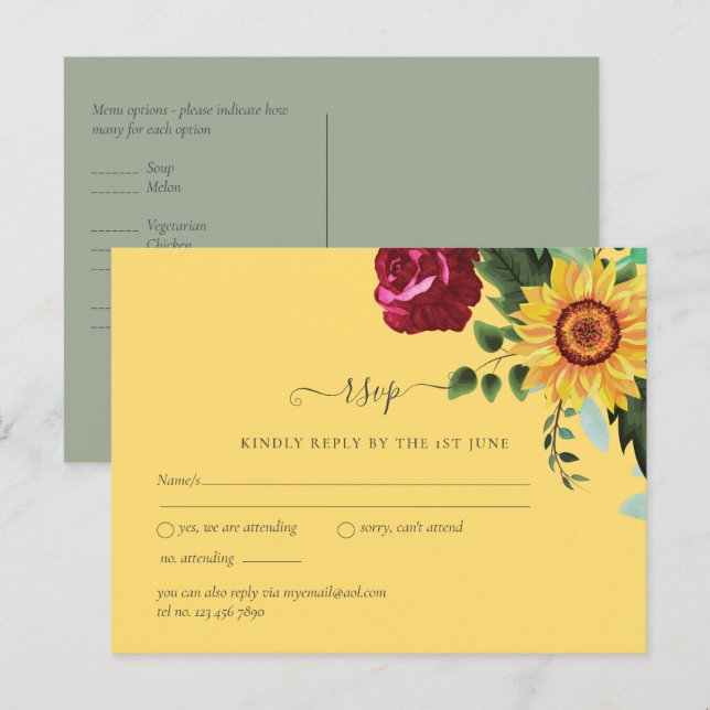 Burgundy Roses Sunflowers Wedding RSVP Postcard (Front/Back)