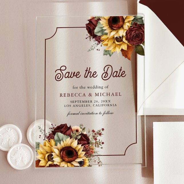 Burgundy Roses Sunflowers Wedding Save the Date Acrylic Invitations (Creator Uploaded)
