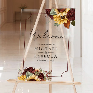 Burgundy Roses Sunflowers Wedding Welcome Acrylic Sign