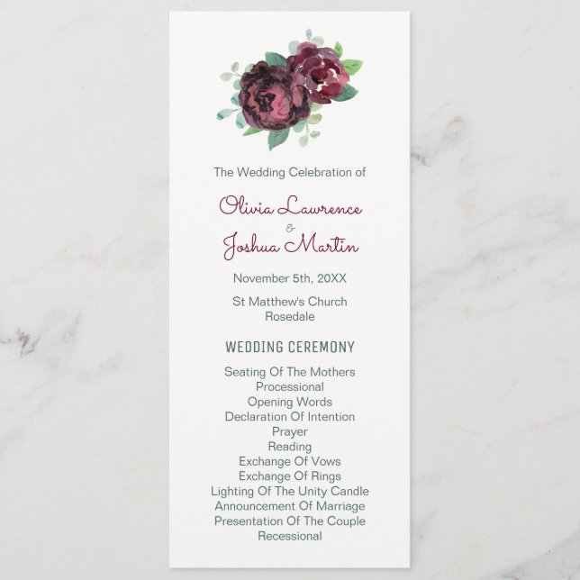 Burgundy Roses Watercolor Wedding Programs Programme (Front)