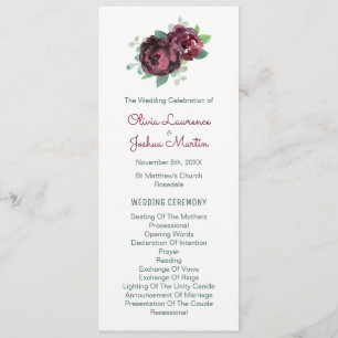 Burgundy Roses Watercolor Wedding Programs Programme