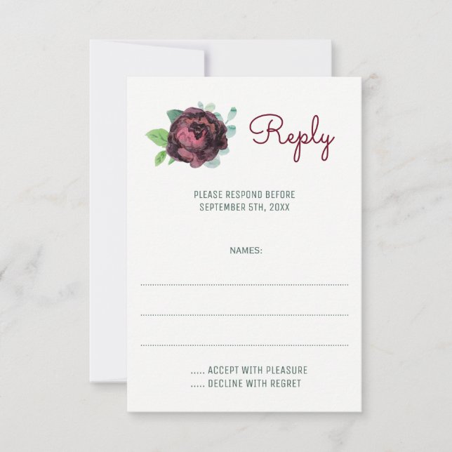 Burgundy Roses Watercolor Wedding Reply Cards (Front)