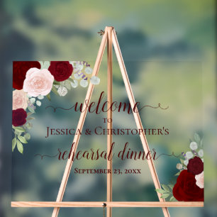 Burgundy Roses Wedding Rehearsal Dinner Welcome Acrylic Sign