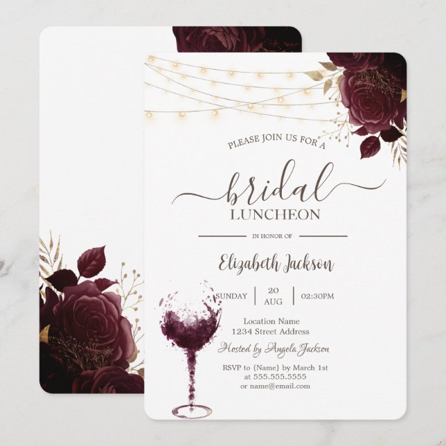 Burgundy Roses,Wine Glass Bridal Luncheon Invitation (Front/Back)