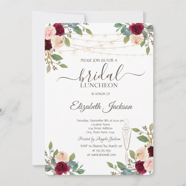 Burgundy Roses,Wine Glass,Lights Bridal Luncheon Invitation (Front)