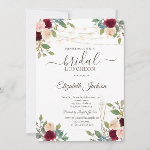 Burgundy Roses,Wine Glass,Lights Bridal Luncheon Invitation