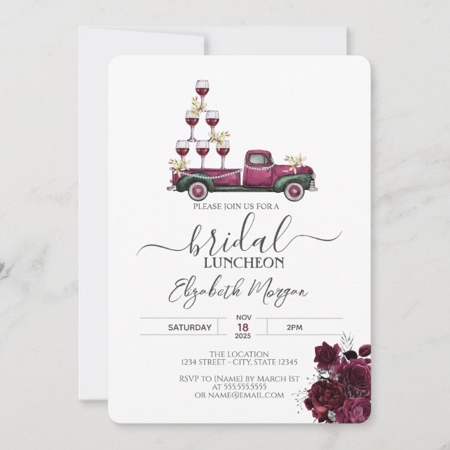 Burgundy Roses Wine Truck Bridal Luncheon  Invitation (Front)