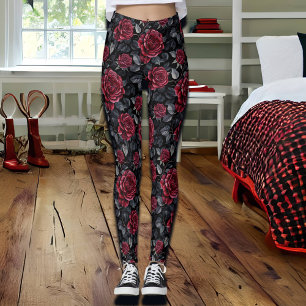 Burgundy Roses with Black Background Leggings