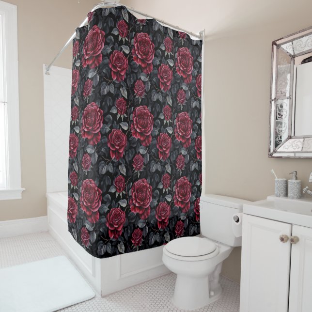 Burgundy Roses with Black Background Pattern Shower Curtain (In Situ)