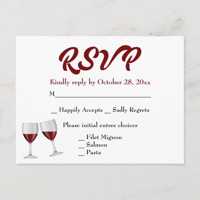 Burgundy RSVP Champagne Wine Glasses Wedding Invitation Postcard (Front)