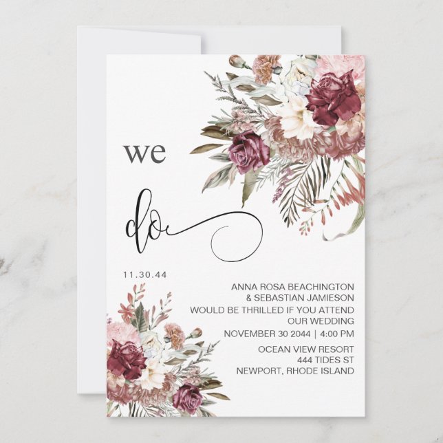 *~* Burgundy RSVP QR  AR15  Floral  Rose WEDDING Invitation (Front)