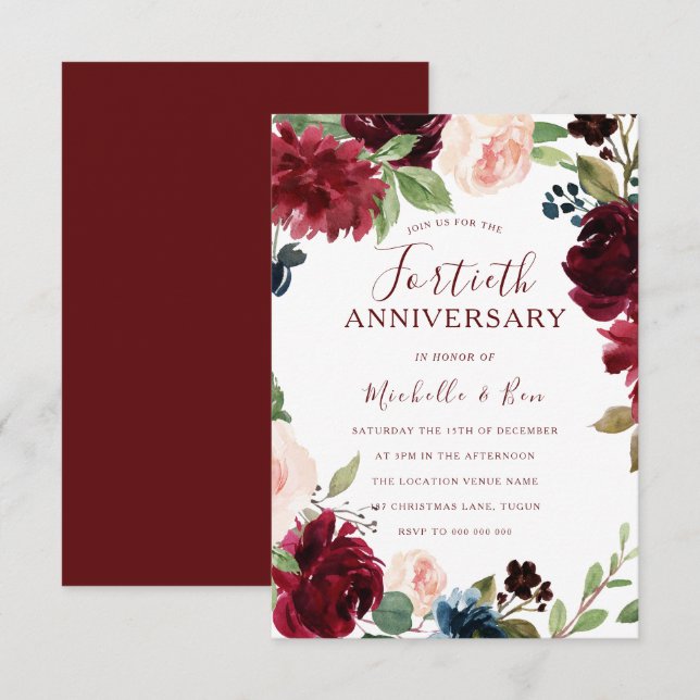 Burgundy Ruby Red Floral 40th Wedding Anniversary Invitation (Front/Back)
