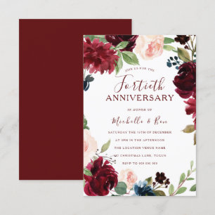 Burgundy Ruby Red Floral 40th Wedding Anniversary Invitation