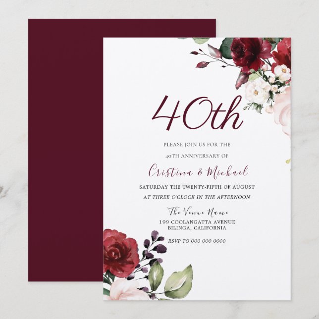 Burgundy Ruby Red Floral 40th Wedding Anniversary Invitation (Front/Back)