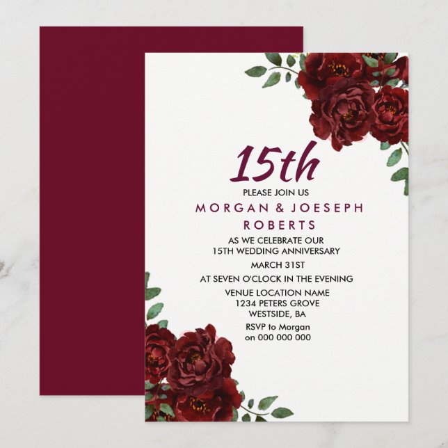 Burgundy Ruby Red Rose 15th Wedding Anniversary Invitation (Front/Back)