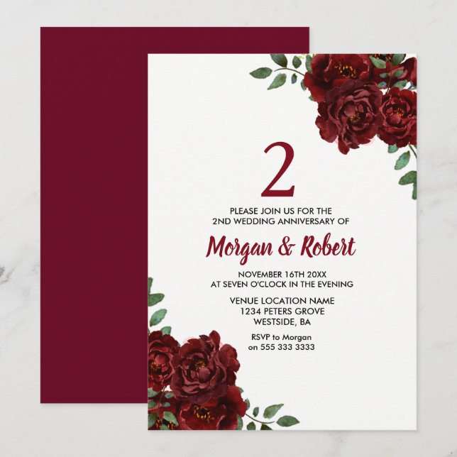 Burgundy Ruby Red Rose 2nd Wedding Anniversary Invitation (Front/Back)
