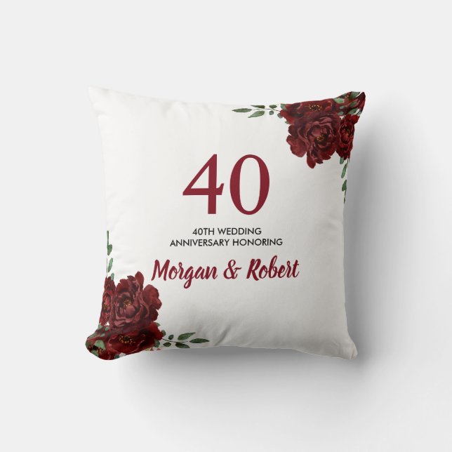 Burgundy Ruby Red Rose 40th Wedding Anniversary Cushion (Front)