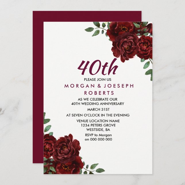 Burgundy Ruby Red Rose 40th Wedding Anniversary Invitation (Front/Back)