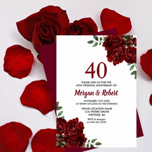 Burgundy Ruby Red Rose 40th Wedding Anniversary Invitation (Creator Uploaded)