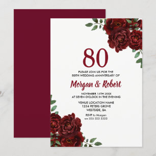 Burgundy Ruby Red Rose 80th Wedding Anniversary Invitation