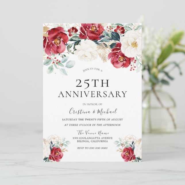 Burgundy Ruby Red White 25th Wedding Anniversary Invitation (Standing Front)