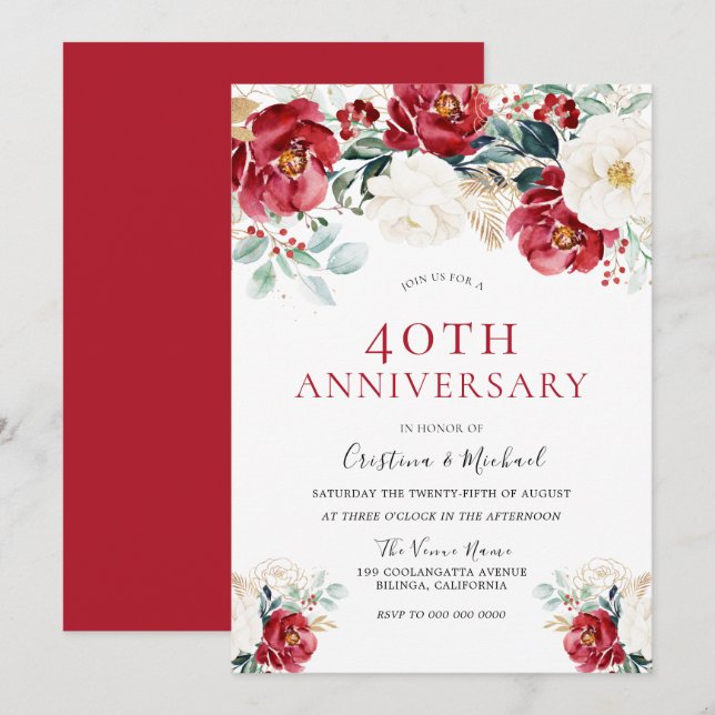 Burgundy Ruby Red White 40th Wedding Anniversary Invitation (Front/Back)