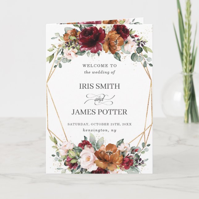 Burgundy Rust Blush Floral Gold Wedding Program Programme (Front)